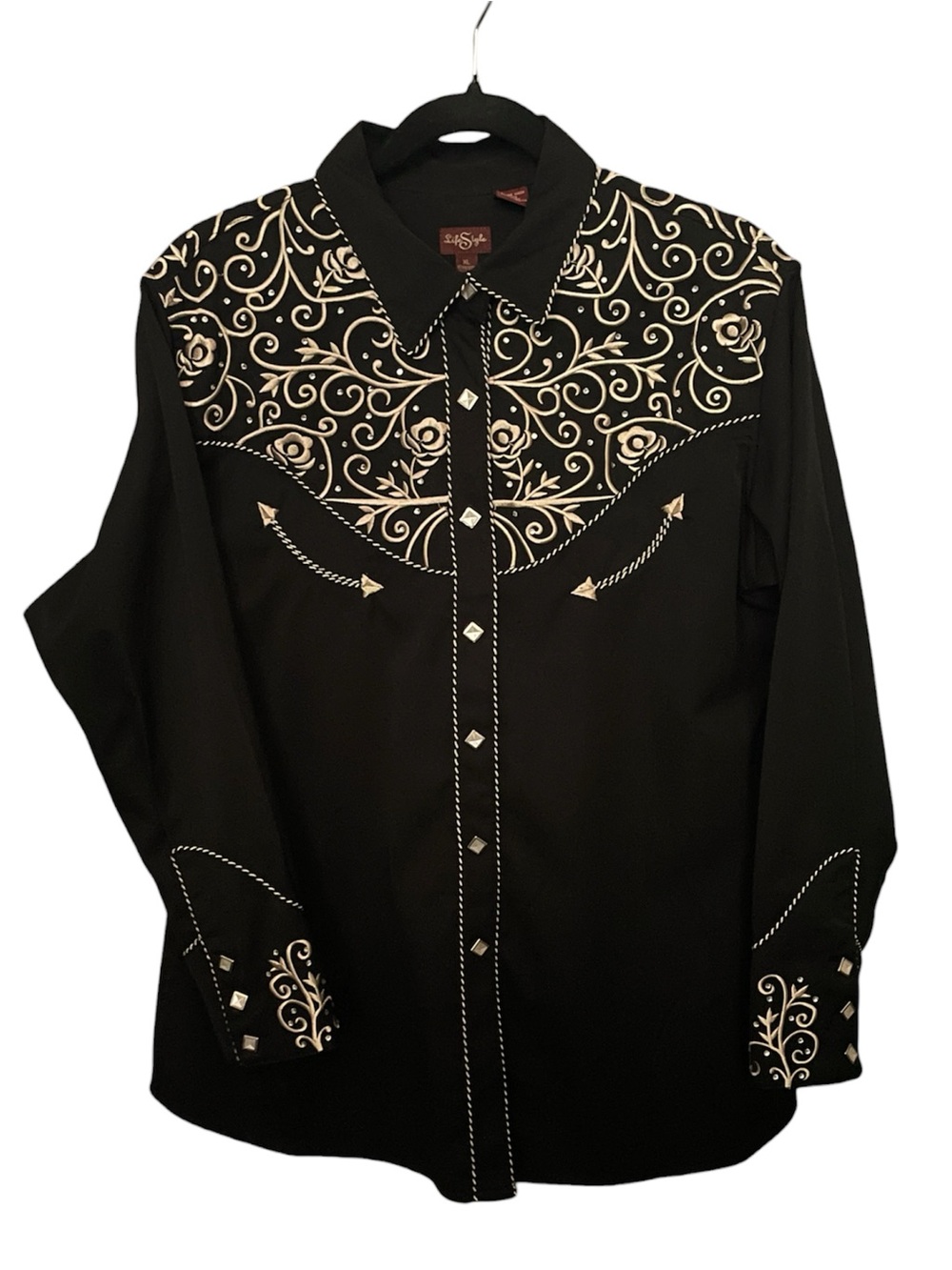 Black Western Shirt Brushed Gold Embroidery Cowgirl Calgary Stampede Rodeo Sz XL
